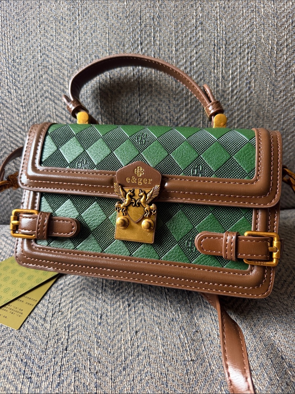 e&ger Bolsa Checkered Green & Brown Compact Small Bag